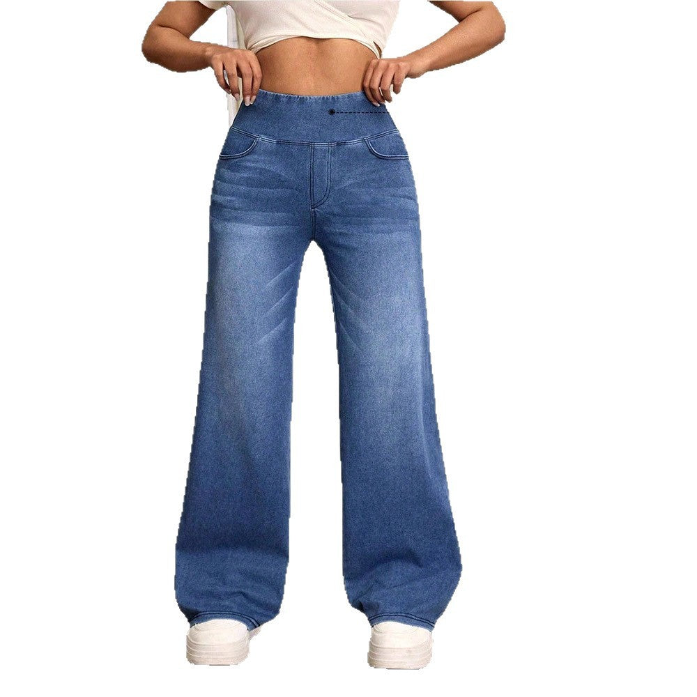 Halara Flex Women's High-Waisted Washed Baggy Wide-Leg Stretchy Knit Jeans with Multiple Pockets